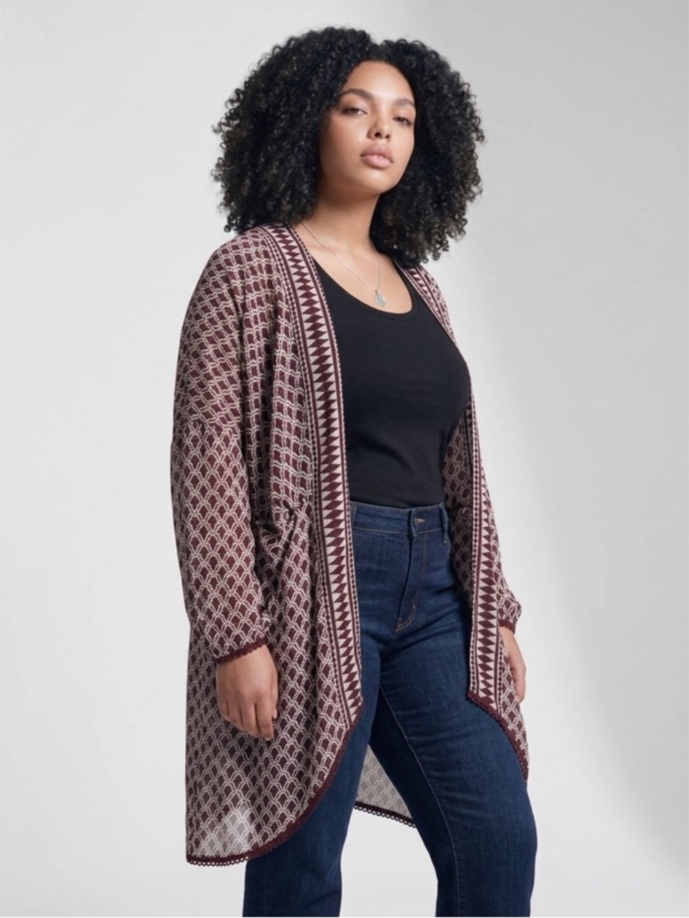 New York & Company Burgundy and Cream Open-Front Geometric Cardigan